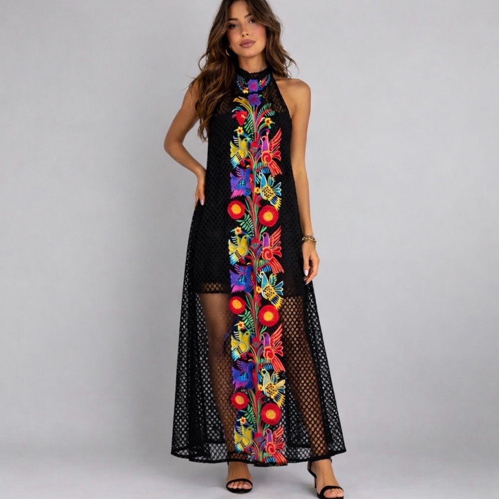 Judith March Black Embroidered Halter Maxi Dress Colorful Bird Floral Boho Size - Picture 2 of 7